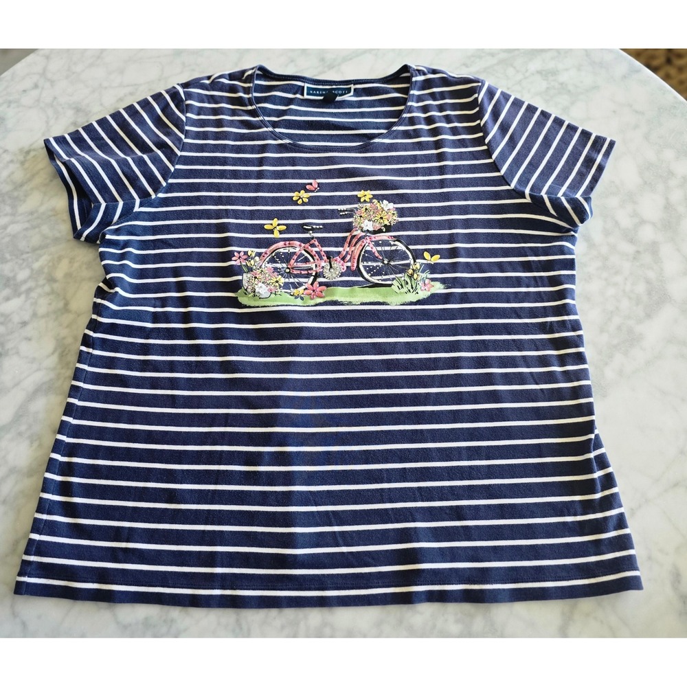 Karen Scott Womens 1X Navy Striped Bicycle Graphic T-Shirt Floral Rhinestone Tee